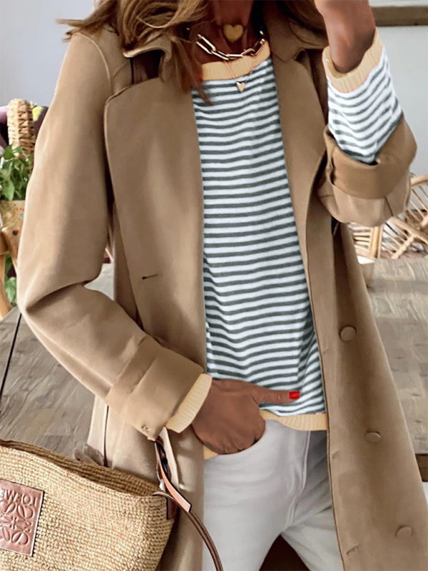 Women’s round neck striped contrast color long sleeve casual sweater - Misty grey / S