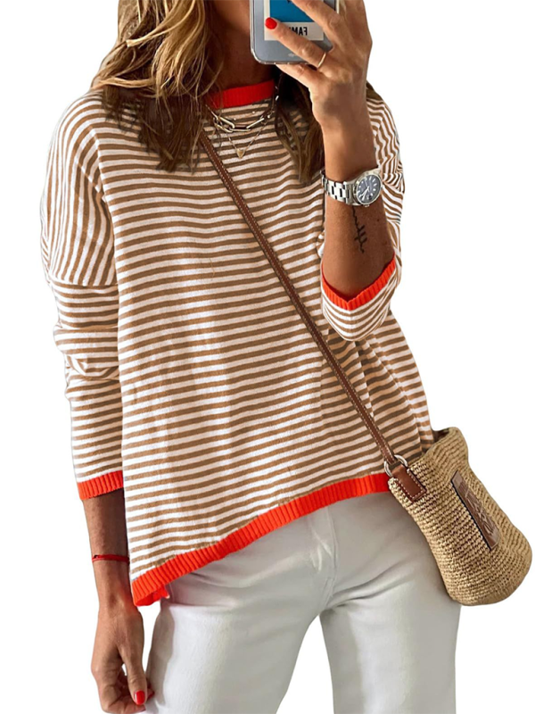Women’s round neck striped contrast color long sleeve casual sweater