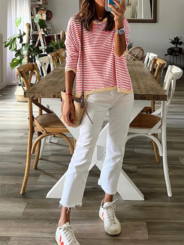 Women’s round neck striped contrast color long sleeve casual sweater - Red / S