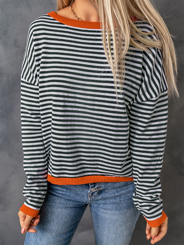 Women’s round neck striped contrast color long sleeve casual sweater - Orange Red / S