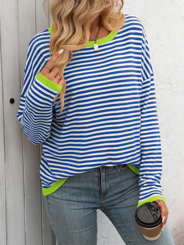 Women’s round neck striped contrast color long sleeve casual sweater