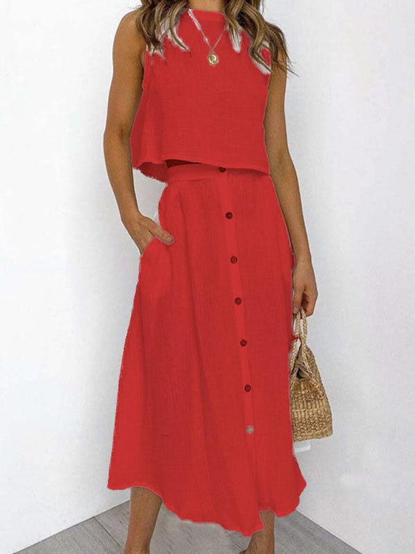 Women’s Round Neck Tank Mid-length Breasted Two-Piece Dress - Red / S