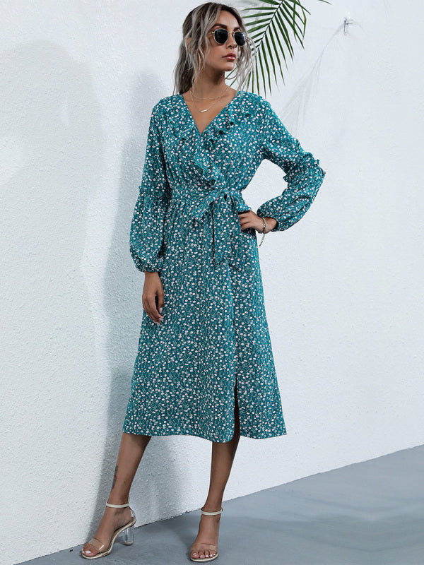 Women’s ruffle collar long-sleeved floral dresses