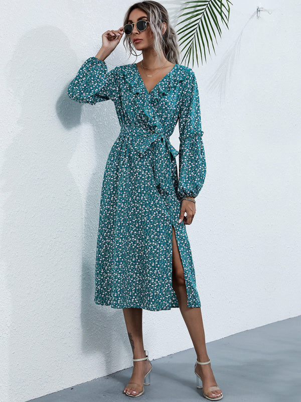 Women’s ruffle collar long-sleeved floral dresses - Green / S