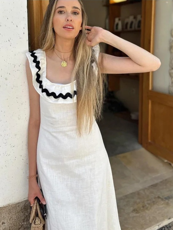 Women’s ruffled square neck colorblock dress - Cream / S