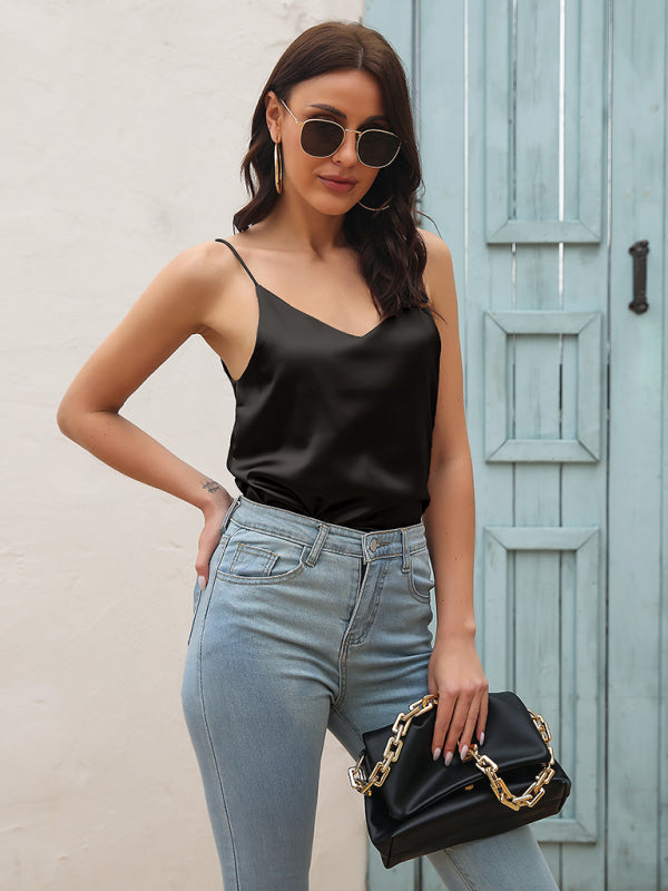 Women’s Satin imitation silk V-neck small suspender vest - Black / S