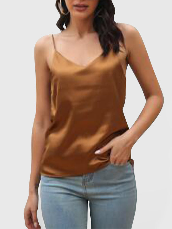 Women’s Satin imitation silk V-neck small suspender vest - Khaki / S