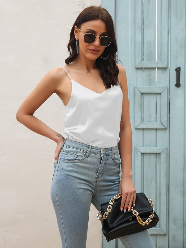 Women’s Satin imitation silk V-neck small suspender vest - White / S