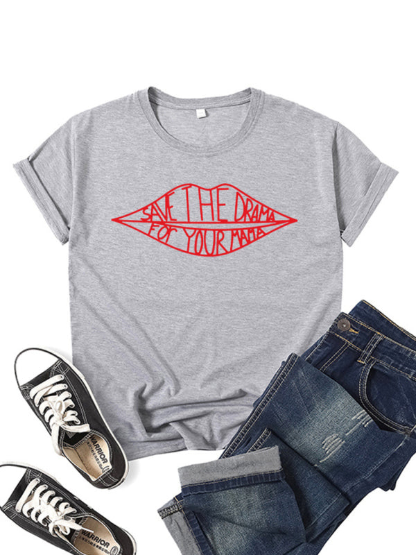 Women’s SAVE THEDRAMA lip graphic print short-sleeved T-shirt - Grey / S