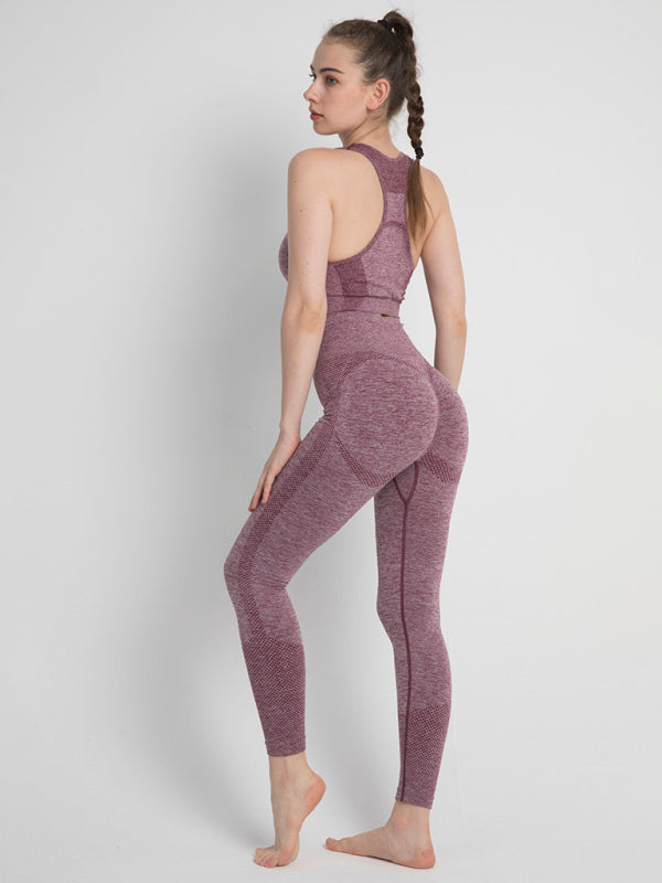 Women’s Seamless Dotted Two-piece Peach Hip Trousers Racerback Bra Vest Sports Suit