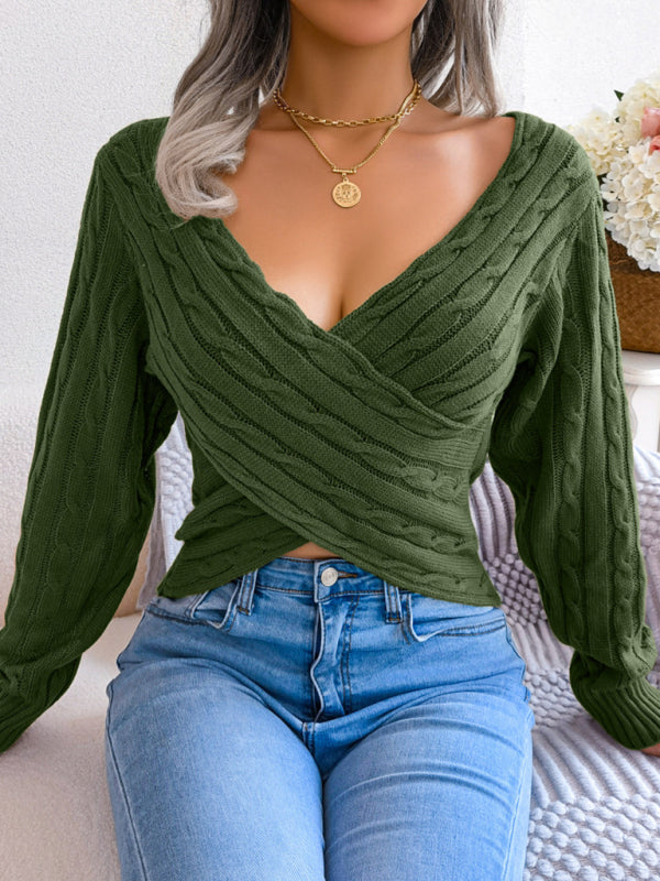 Women’s Sexy Cross V-Neck Twist Long Sleeve Crop Sweater