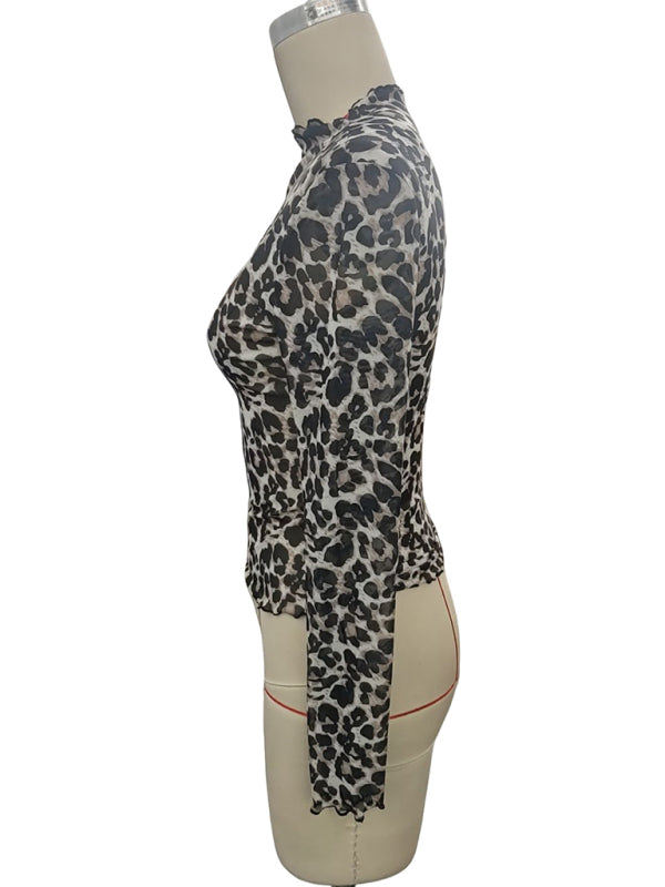 Women’s Sexy Leopard Print Mesh Ruffle Bodysuit T-shirt Top