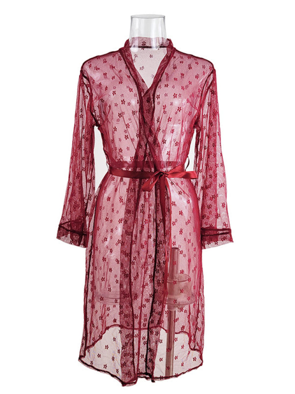 Women’s sexy mesh see-through pajamas four-piece long coat bra underwear set