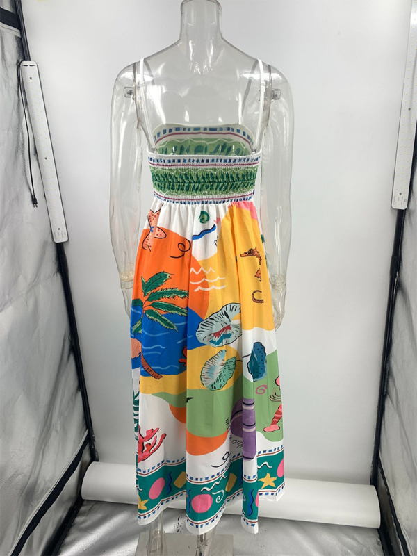 Women’s sexy positioning print suspender sleeveless swing dress