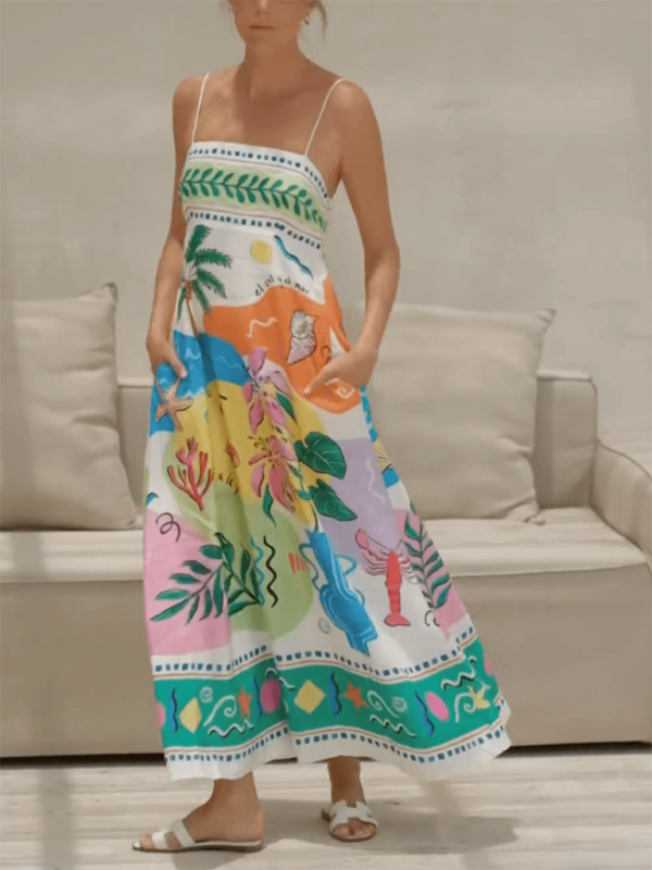 Women’s sexy positioning print suspender sleeveless swing dress - Spearmint viridis / S