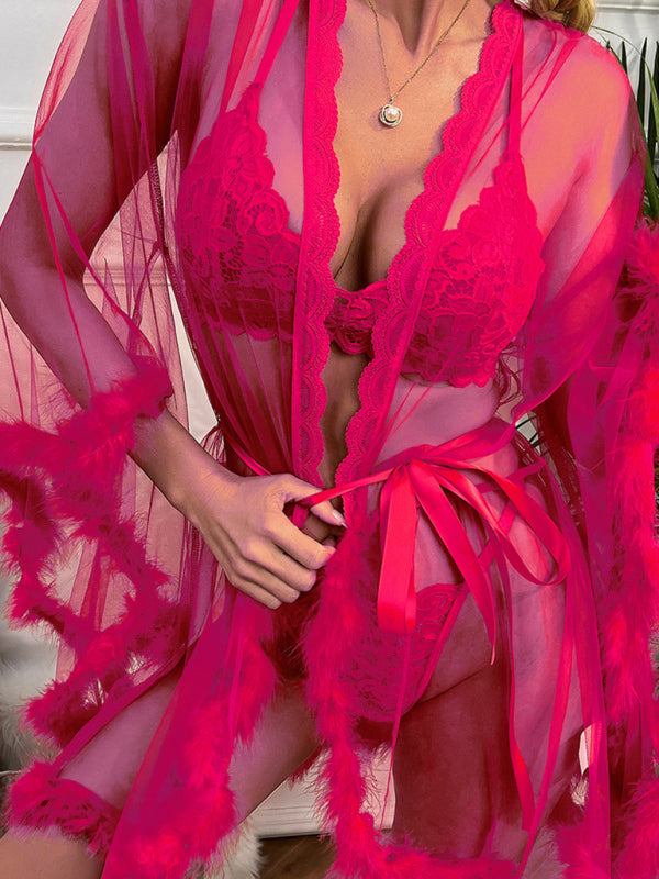 Women’s sexy see-through mesh feather nightgown