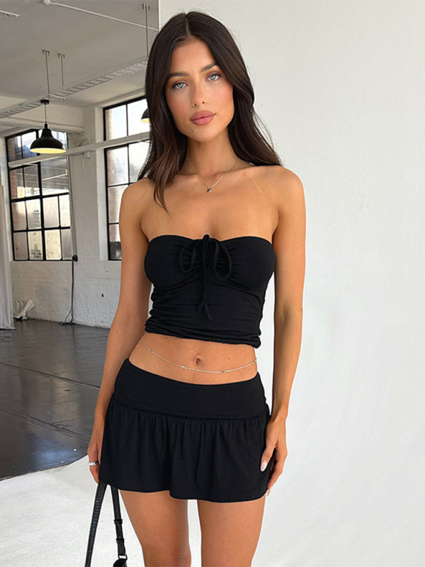 Women’s sexy smocked corded tube top with wide swing A-line pants and skirt suit - Black / XS