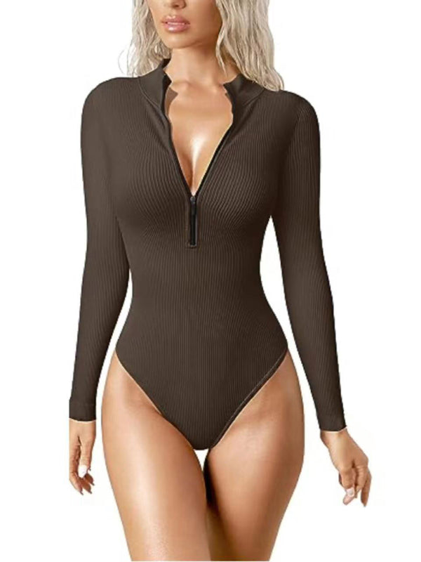 women’s sexy Stand collar long sleeverbodysuit - Brown / S