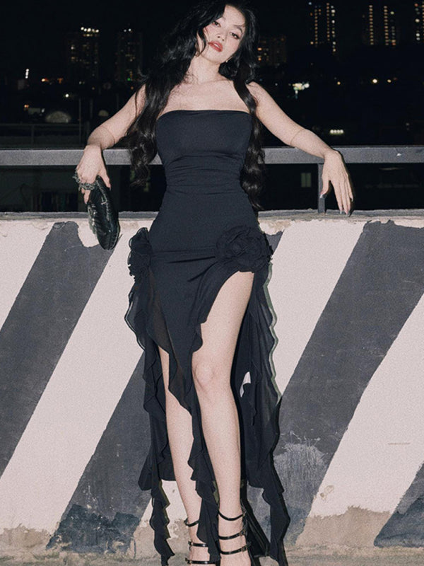 Women’s Sexy Style Breast-Wrapped Splicing Lace Exposed Leg-Slit Dress