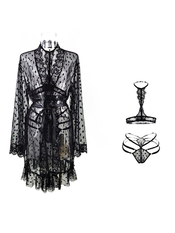 Women’s sexy underwear polka dot mesh nightgown lace see-through pajamas three-piece set