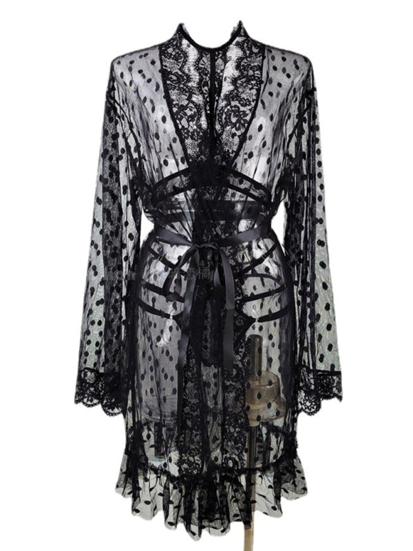 Women’s sexy underwear polka dot mesh nightgown lace see-through pajamas three-piece set