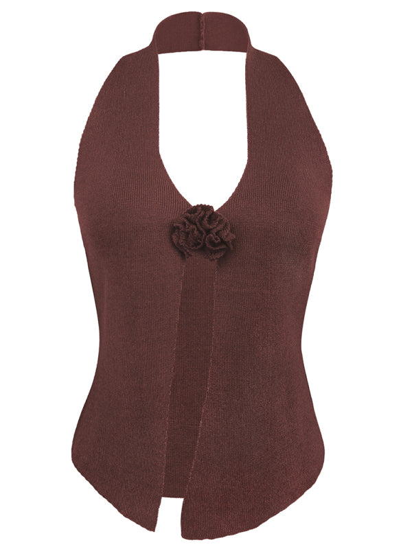 Women’s Sexy Wool Halter Neck Rabbit Fleece Vest - Coffee / S