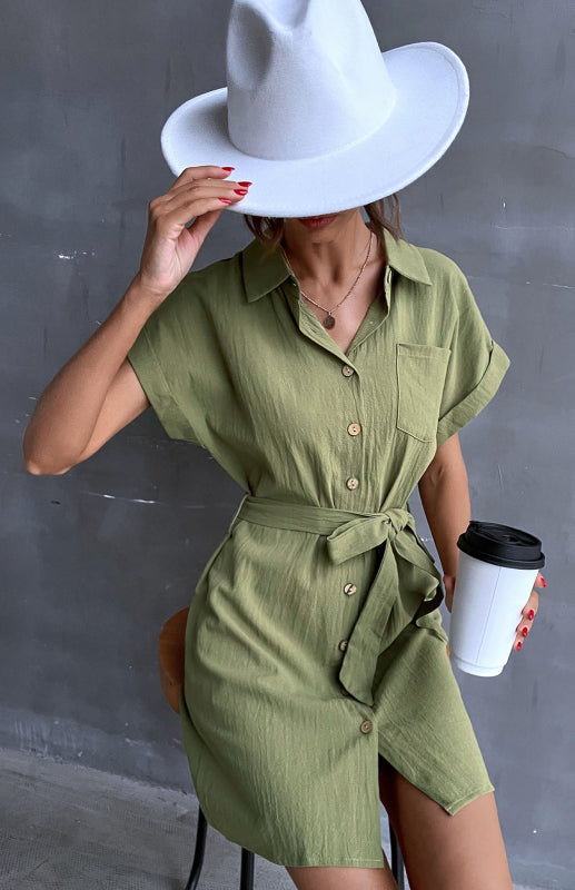 Women’s Shirt Dress Green Lace Up Short Sleeve Cotton Linen Dress