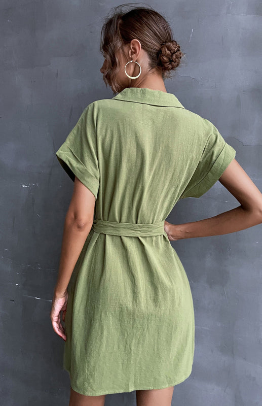 Women’s Shirt Dress Green Lace Up Short Sleeve Cotton Linen Dress