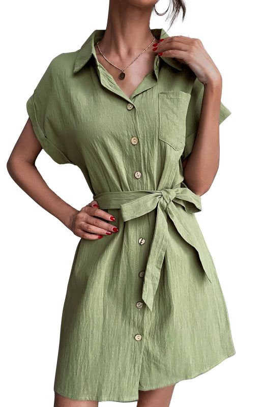 Women’s Shirt Dress Green Lace Up Short Sleeve Cotton Linen Dress