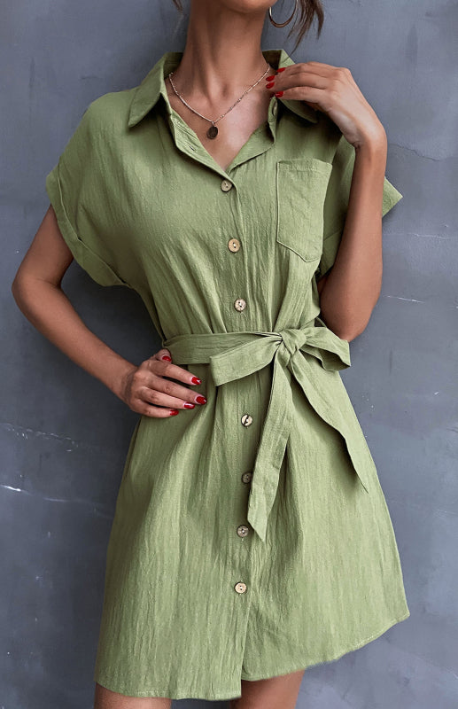 Women’s Shirt Dress Green Lace Up Short Sleeve Cotton Linen Dress - Olive green / S