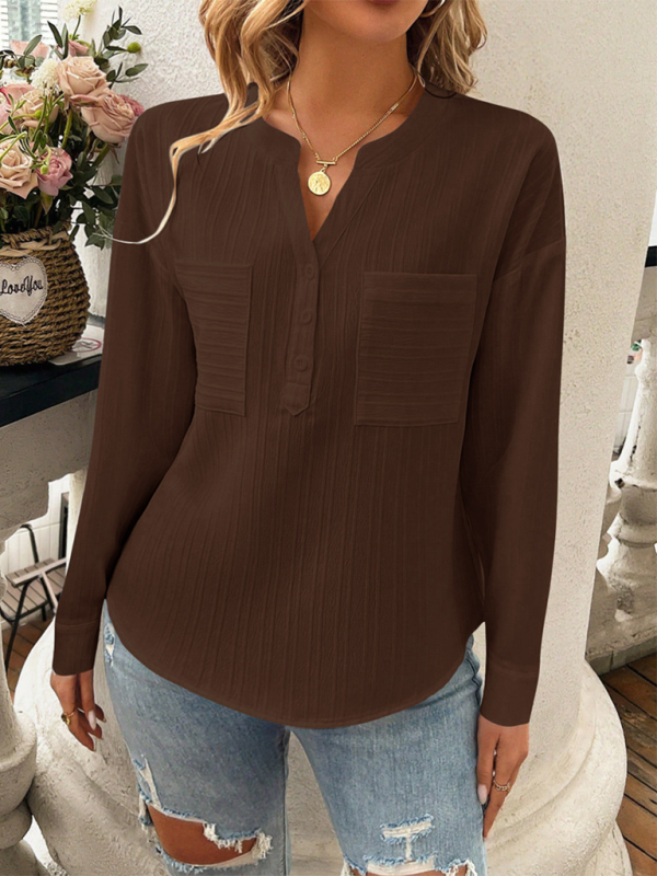 Brown long-sleeved blouse from Women’s Shirt V-Neck Temperament Casual Solid Color Pullover Top