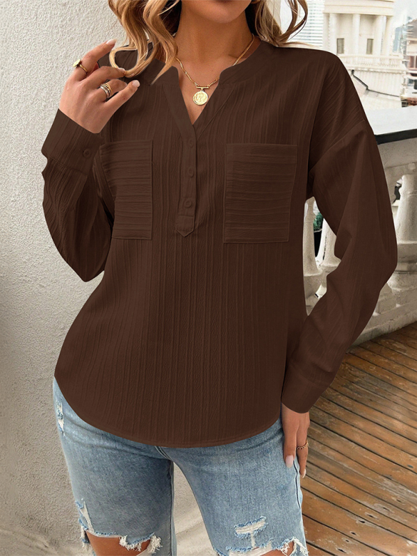 Brown long-sleeved blouse from Women’s shirt v-neck casual solid color pullover top collection