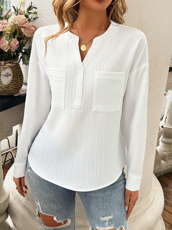 White textured long-sleeved blouse from Women’s Shirt V-neck Temperament Casual Solid Color Pullover Top
