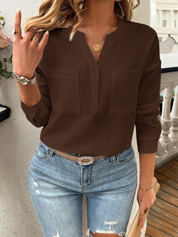 Brown long-sleeved blouse with pockets from Women’s Shirt V-Neck Casual Solid Color Pullover Top