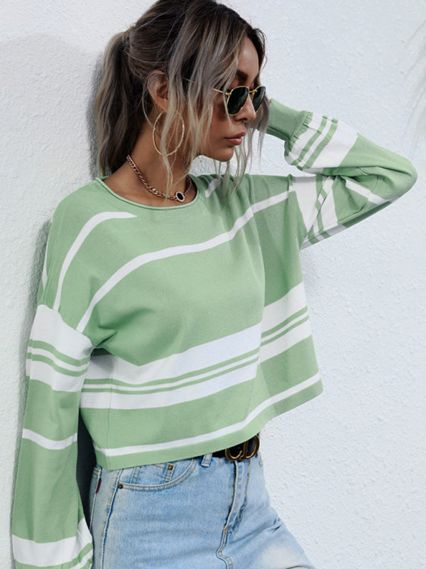 Women’s mint green striped short knitted sweater with long sleeve length for women