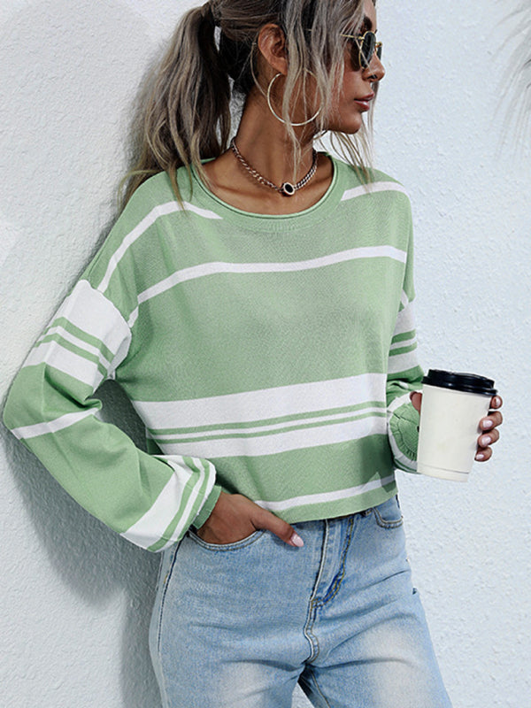Striped green and white short knitted sweater with short sleeve length for women
