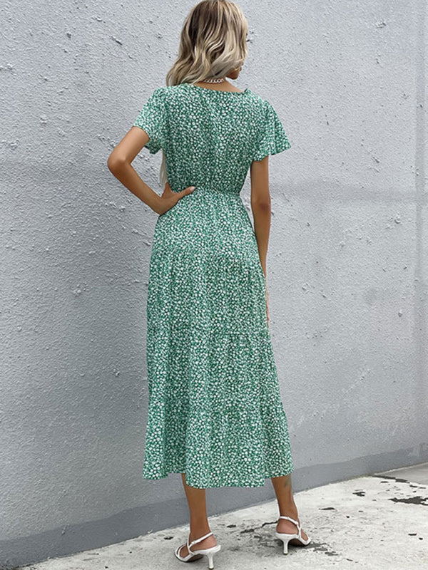 Women’s Short Sleeve Green Print V-Neck Dress