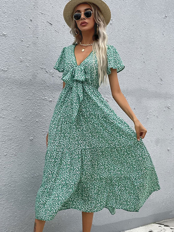 Women’s Short Sleeve Green Print V-Neck Dress - Green / S