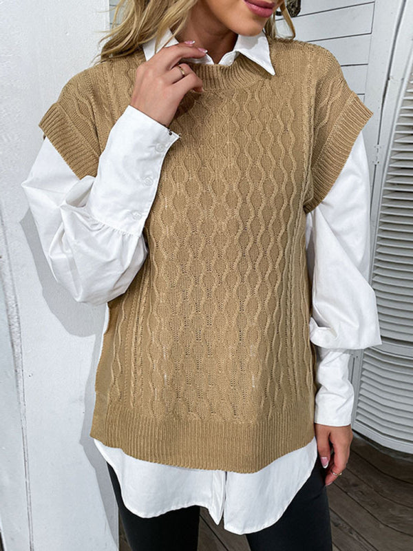 women’s short sleeve knitted twist sweater vest - Khaki / S