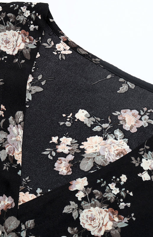 Floral print black fabric for women’s short sleeve midi dress with elegant v-neck design