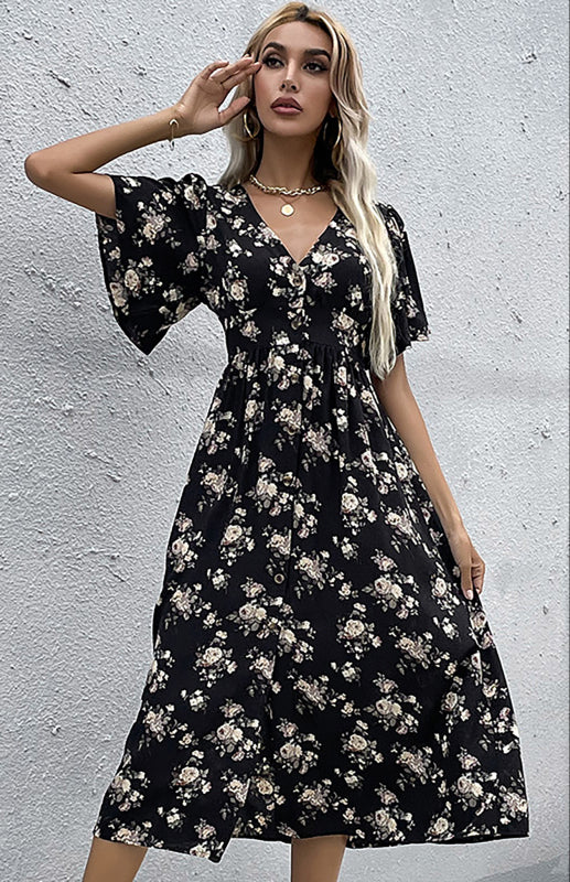 Elegant V-neck floral print midi dress for women with short sleeves and stylish design