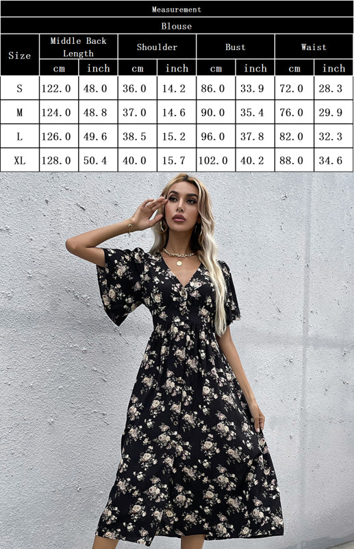 Elegant v-neck design floral print midi dress with size chart for Women