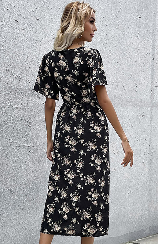 Elegant V-neck floral print midi dress with short sleeves for women