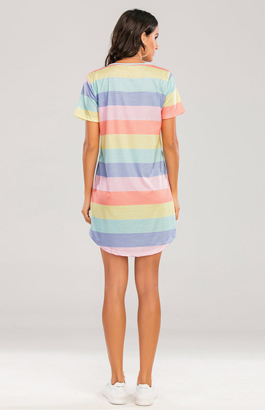 Women’s Short Sleeve Rainbow Striped Loose T-Shirt Pyjama Sets