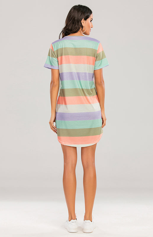 Women’s Short Sleeve Rainbow Striped Loose T-Shirt Pyjama Sets