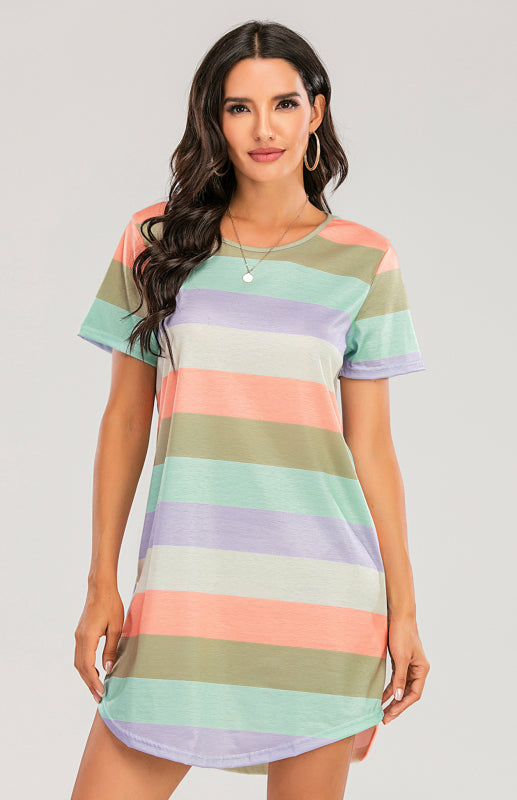 Women’s Short Sleeve Rainbow Striped Loose T-Shirt Pyjama Sets - green purple orange stripes / S