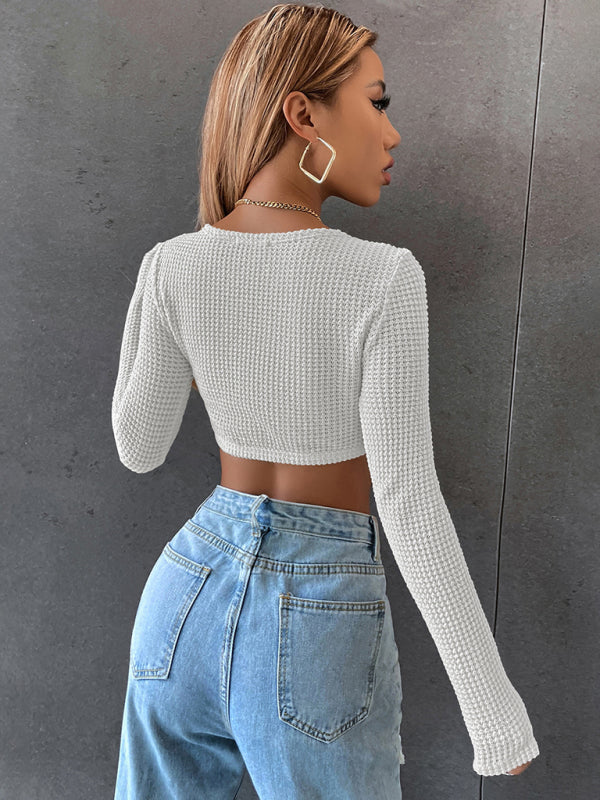Women’s white waffle-knit crop top with square collar and long sleeves by Walv Fang