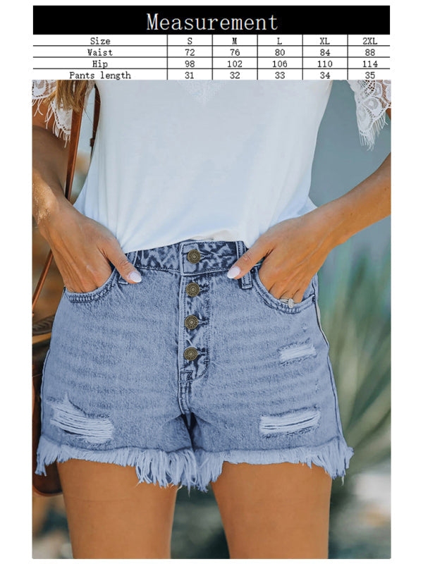 Women’s Shorts Mid Waist Buttoned Jeans Washed Ripped Denim Shorts