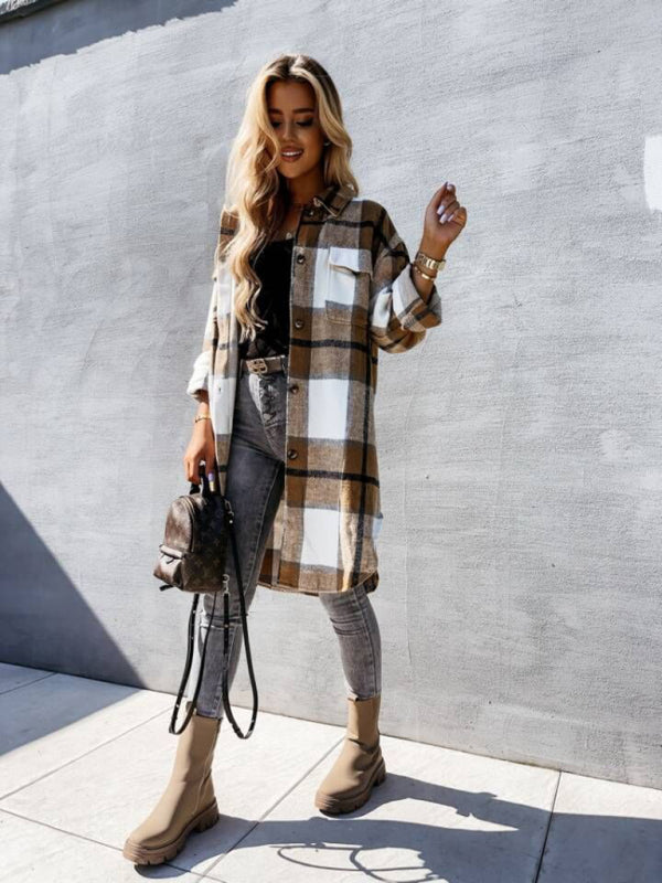 Women’s single-breasted plaid long-sleeved shirt jacket
