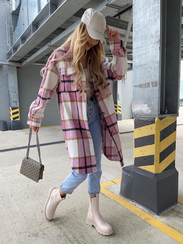 Women’s single-breasted plaid long-sleeved shirt jacket